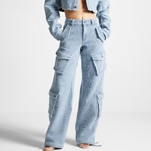 High Waisted Boucle Denim Cargo Pants - Mid Blue